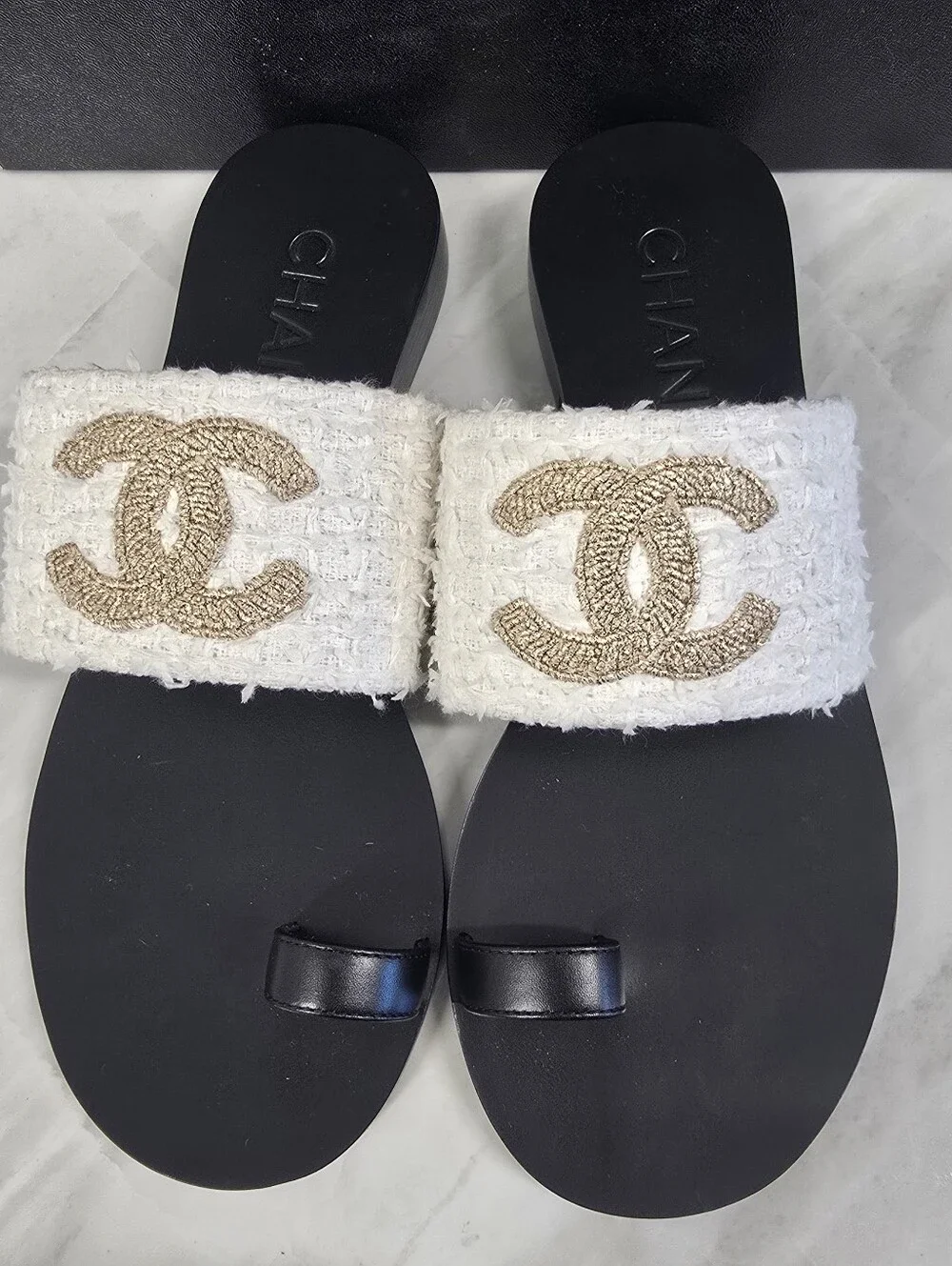 Chanel White Tweed & Gold Logo Slide Sandals